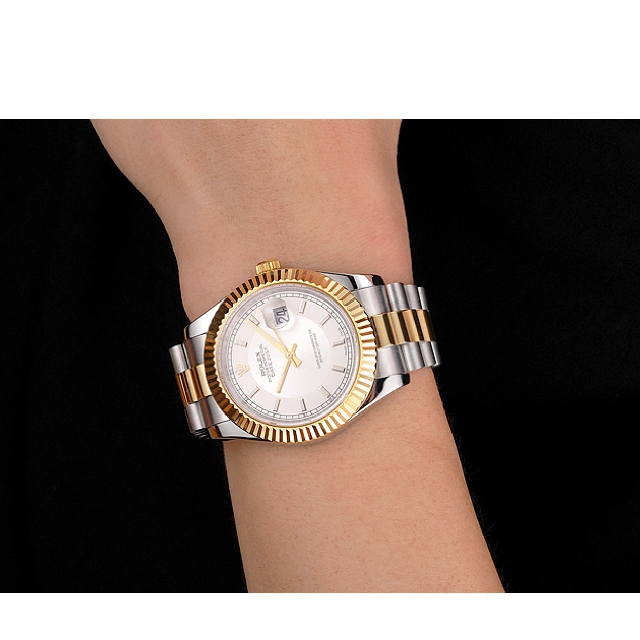 Best AAA Replica Sites White Tone Bracelet Dial Rolex Stainless Two Gold Case Datejust Bezel Gold Steel Swiss 0710